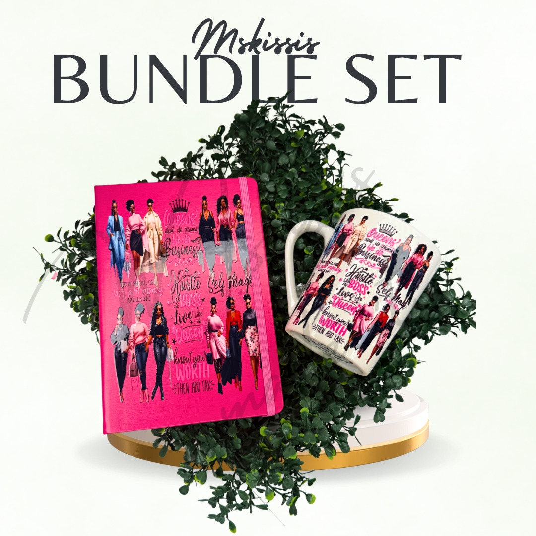 Pink journal and matching ceramic mug bundle featuring stylish Black women illustrations and motivational quotes, displayed on greenery with “MsKissis Bundle Set” branding.
